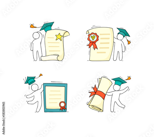 Students with graduation certificate, diploma, education document.