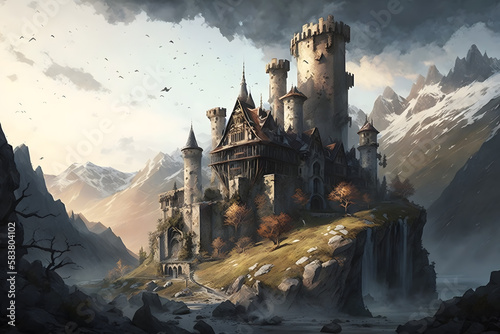 Medieval castle in beautiful landscape. Generative AI © PIRMYN