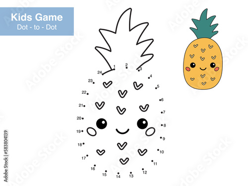 Number puzzle game. Dot to dot. Cute kawaii pineapple. Healthy food. Cartoon fruit. Educational worksheet. Printable activity page for children. Connect the dots and color. Vector illustration.