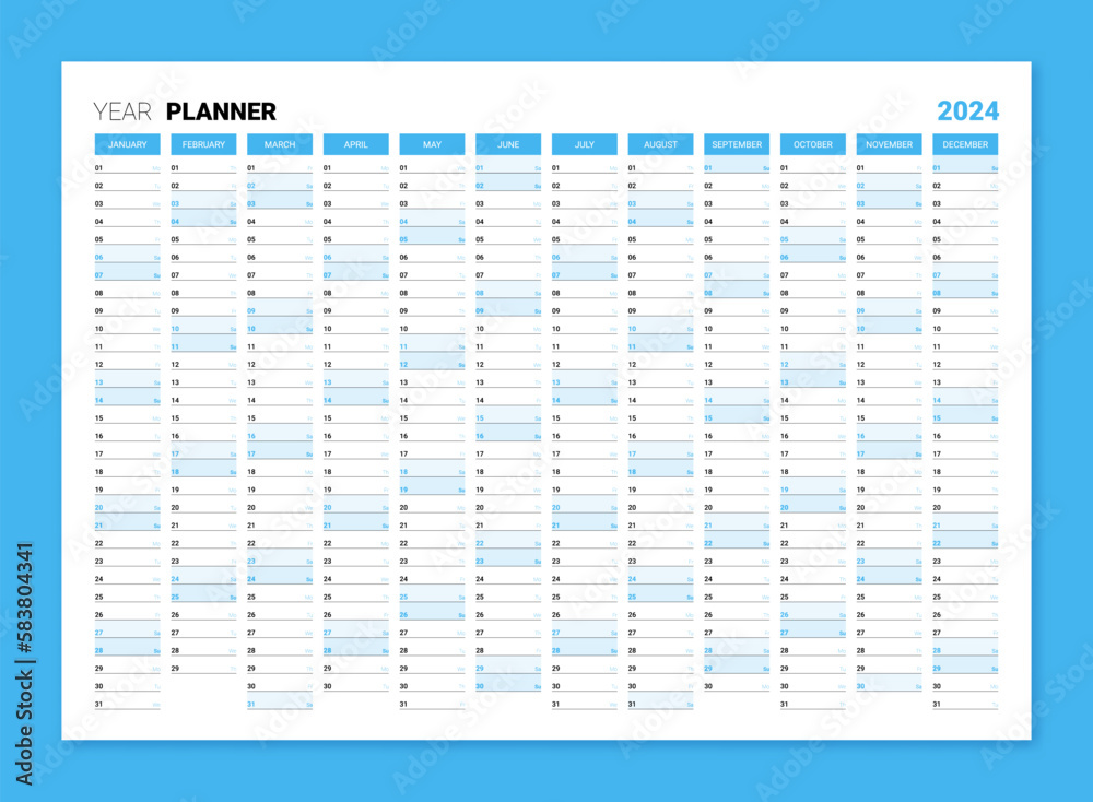 Planner calendar for 2024. Wall organizer, yearly template. One page. Set  of 12 months. English Stock Vector