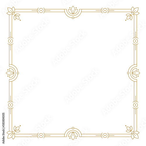 Golden art deco frame with copy space on white. Vintage elegant floral decorative border for card, banner, background, cover design vector illustration