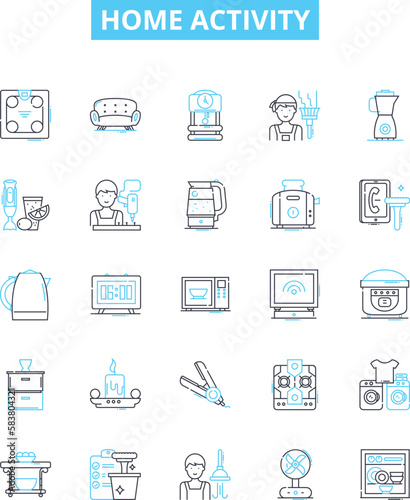Home activity vector line icons set. Cleaning, Cooking, DIY, Gardening, Painting, Gaming, Exercising illustration outline concept symbols and signs