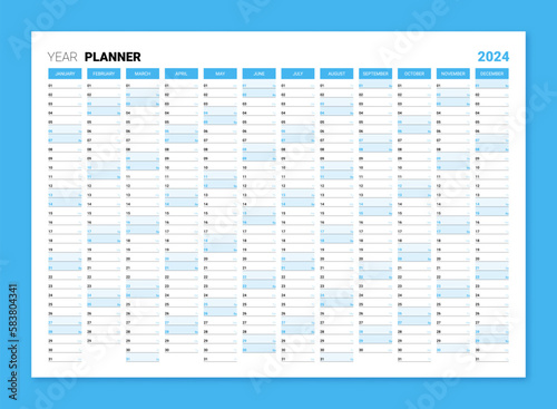 Planner calendar for 2024 year, wall organizer, yearly scheduler. Corporate and business planner template, 12 months set. Annual printable wall calendar with space for notes vector illustration