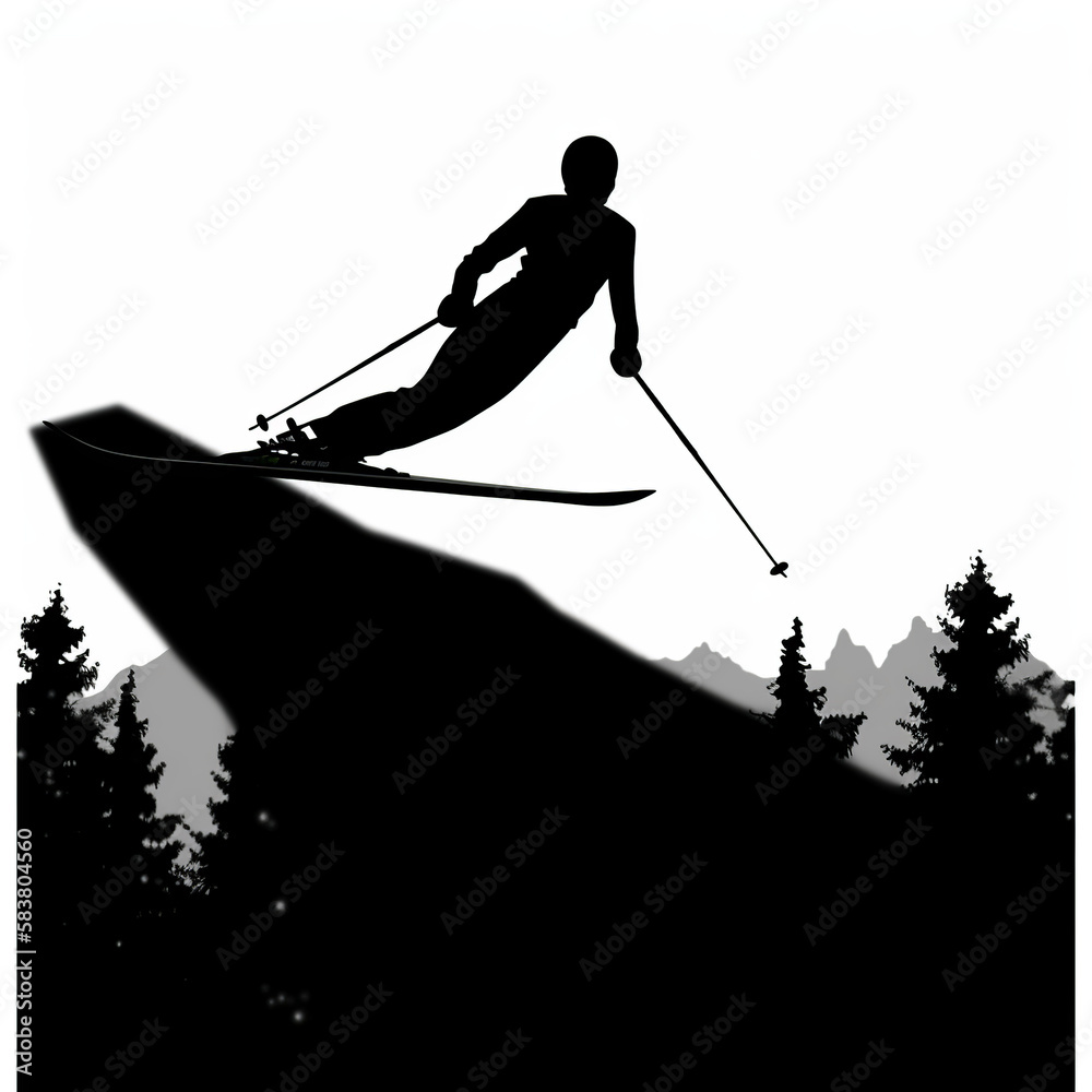 silhouette, sport, ski, winter, skier, skiing, sports, snow, vector, illustration, people, player, sunset, golf, hockey, competition, athlete, action, woman, black, fun, jump, generated, ai