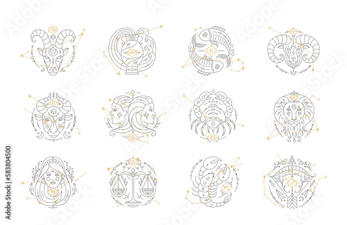 Set of twelve constellations with Zodiac symbols and constellations. Gemini, Pisces, Aquarius and Sagittarius Astrology horoscope signs and stars on white background thin line vector illustration