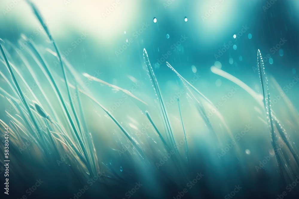 High grass with soft focus in blue tones macro. Natural gentle plant background. AI generated.
