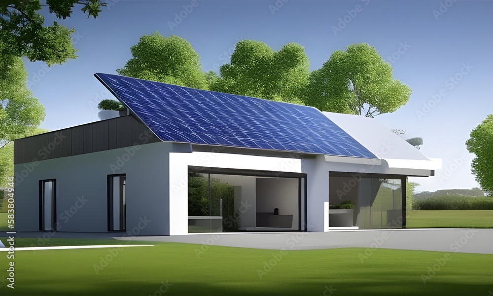 Prosta ilustracja przedstawiająca dom z panelami słonecznymi, nowoczesna technologia, ochrona środowiska, czysta energia, oszczędność. Wygenerowane przy użyciu AI. - obrazy, fototapety, plakaty 