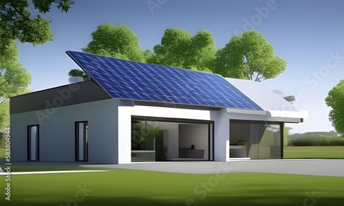 Prosta ilustracja przedstawiająca dom z panelami słonecznymi, nowoczesna technologia, ochrona środowiska, czysta energia, oszczędność. Wygenerowane przy użyciu AI. © Aga Bak