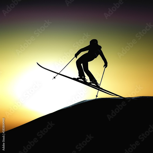 silhouette, sport, ski, winter, skier, skiing, sports, snow, vector, illustration, people, player, sunset, golf, hockey, competition, athlete, action, woman, black, fun, jump, generated ai