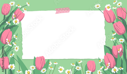 Spring background with pink tulips and daisies. Flowers background for design.
