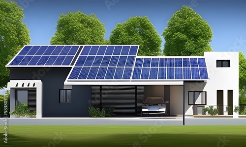 Prosta ilustracja przedstawiająca dom z panelami słonecznymi, nowoczesna technologia, ochrona środowiska, czysta energia, oszczędność. Wygenerowane przy użyciu AI.