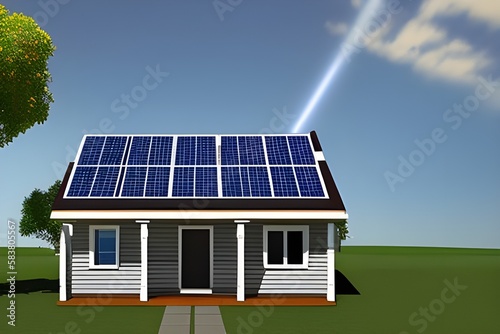 Prosta ilustracja przedstawiająca dom z panelami słonecznymi, nowoczesna technologia, ochrona środowiska, czysta energia, oszczędność. Wygenerowane przy użyciu AI.