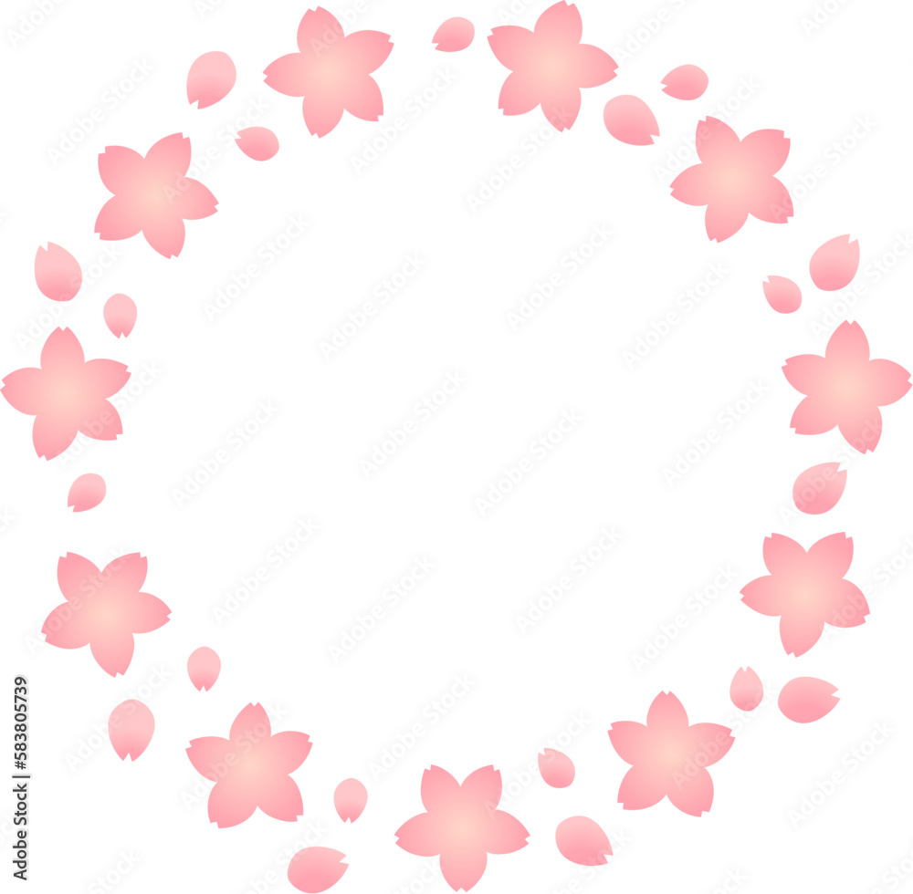 桜の花と花びらの丸いフレーム　ピンク