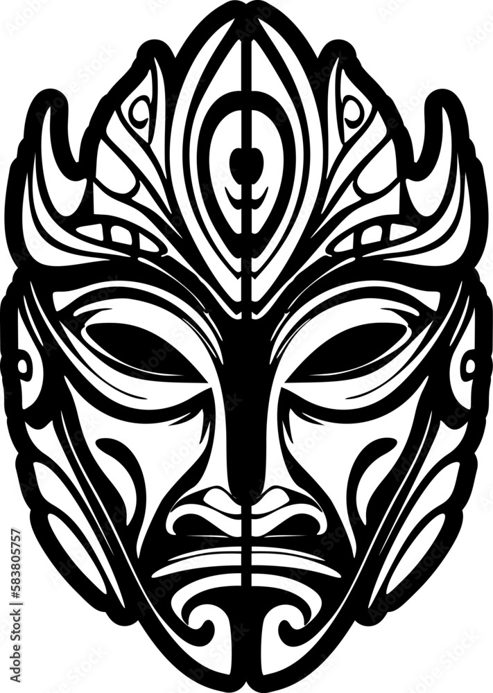 Vector tattoo sketch of a black and white Polynesian god mask.