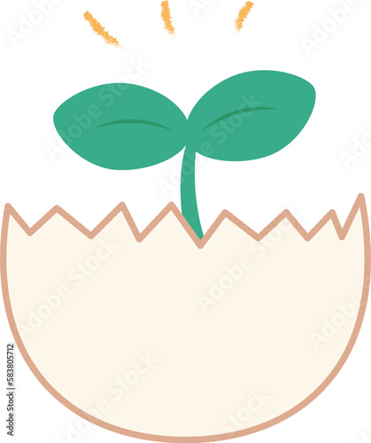 割れた卵の殻から芽生えた植物の芽のイラスト
