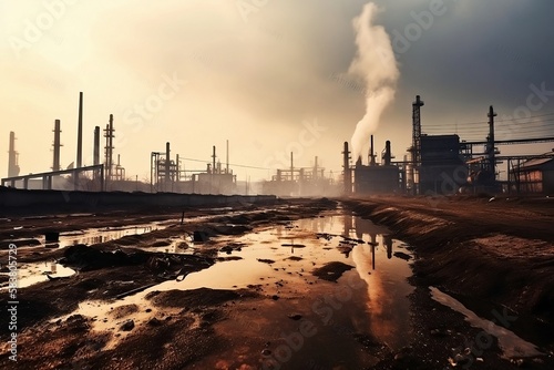 Toxic Landscape: Polluted Factory Environment with Smoking Chimneys