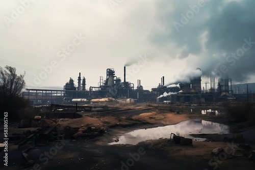 Toxic Landscape: Polluted Factory Environment with Smoking Chimneys © Thares2020