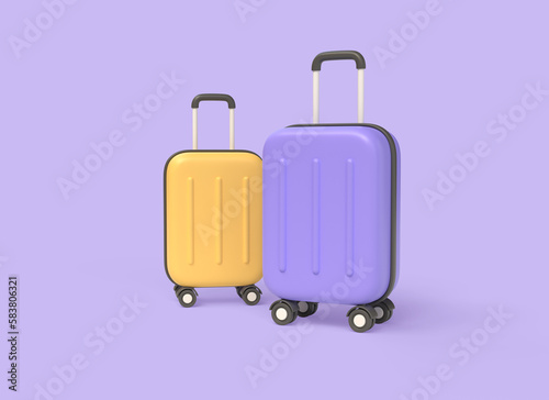 3d two suitcases in cartoon style. travel and tourism concept. summer holiday planning. illustration isolated on purple background. 3d rendering