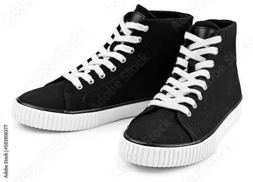 Black casual high tops sneakers isolated on transparent background. Full Depth of Field photo