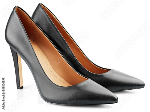 Black leather high heeled women shoes or Stilettos isolated on transparent background. Full Depth of Field photo