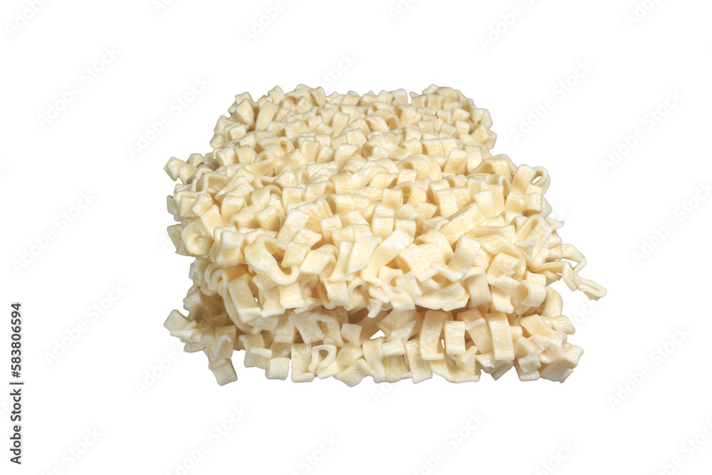 Two fat and flat Instant noodles ramen isolated on transparent background, png file, flatlay 45 degree front view commercial stock photo.