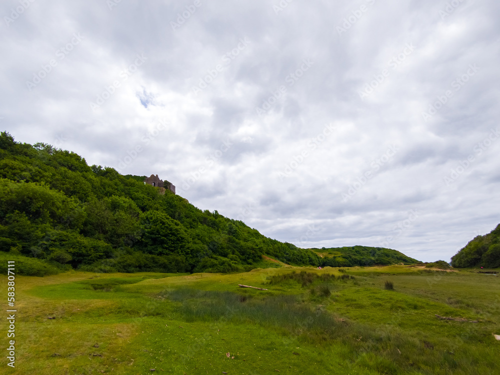 Grassland with an old castle on the hilltop (Wales, United Kingdom)