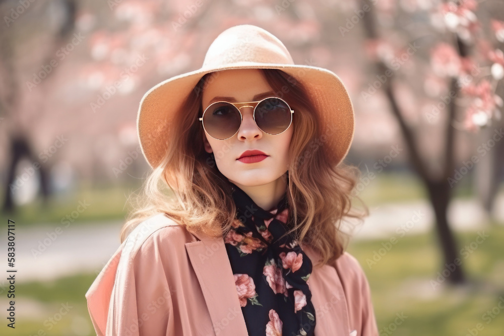 Young woman wearing stylish outfit in park on spring day. Fashionable look Young woman wearing stylish outfit in park on spring day. Fashionable look