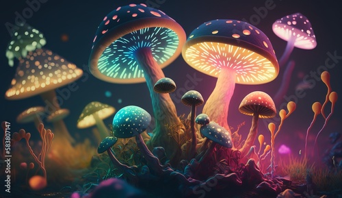 Colorful magic mushrooms volumetric lighting