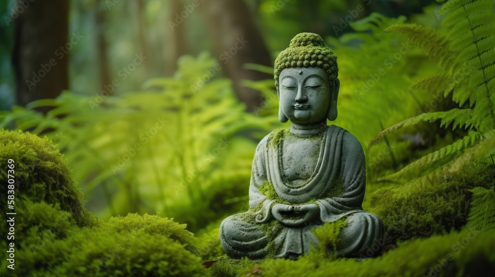 Buddha statue in the forest. Copy space. Based on Generative AI