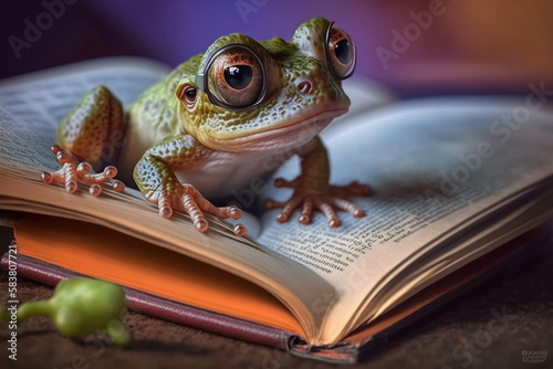 Baby frog reading a book  generative ai