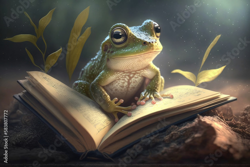 Baby frog reading a book  generative ai