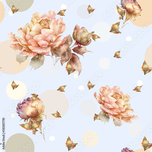 Floral summer seamless pattern. Garden flowers peonies, bud and leaves. Watercolor pink floral design. Template for fabrics, textiles, paper, wallpaper, greeting card, interior decoration, clothes