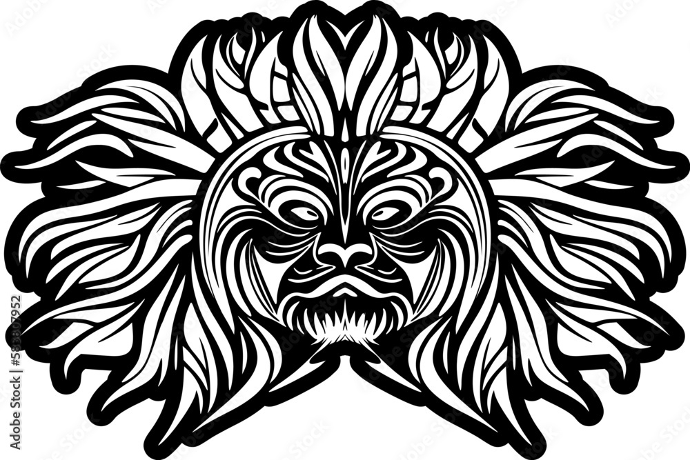 White and black vector tattoo sketch of Polynesian god mask.