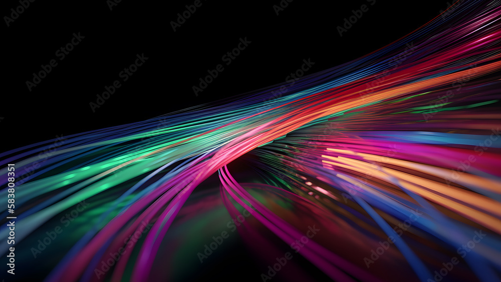 Optical fiber concept illustration, colorful lines cable high speed network data transfer. Wave lines. Generative AI