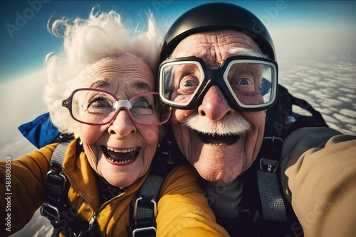 Selfie of a retired couple jumping in a parachute. generate by ai