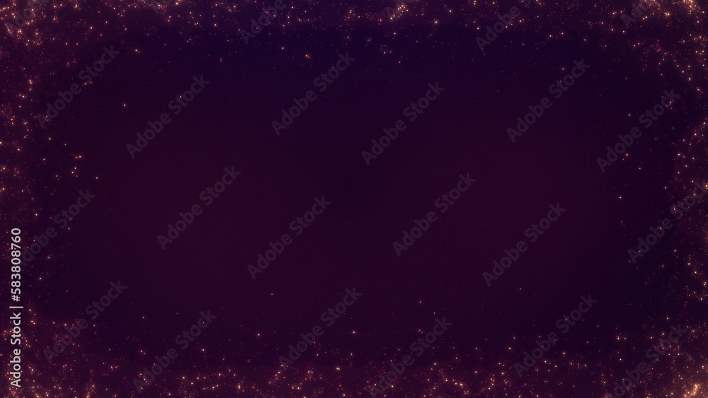 Obraz premium Festive abstract purple gold particle banner background greeting card with copy space. Concept 3D illustration. Luxury Christmas celebration and elegant religious Happy New Year holiday ceremony.
