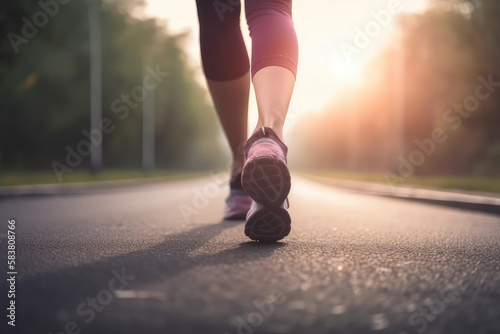 eine Joggerin läuft bei schönen Wetter die Straße entlang, nur Beine und Schuhe