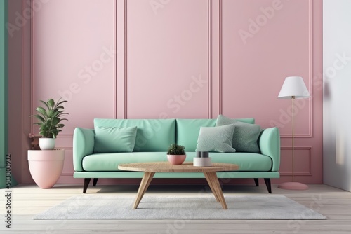 Interior design of a couch with table lamp and other design elements in the colors pink and mint green (ai generated)