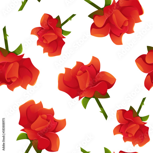 Seamless Pattern of Red Rose Flowers and Leaves. Floral Background for Fabrics  Textiles  Wallpapers.