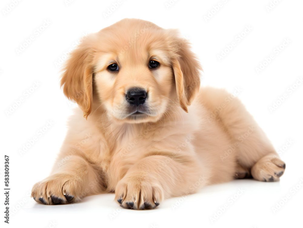 cute golden retriever puppy sitting, purebred, white background with copy space, generative AI