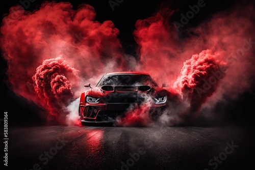 Drifting car on dark black background with red smoke. Car in the smoke. Supercar in motion. Sports car drifting in smoke. Supercar in fog front view..