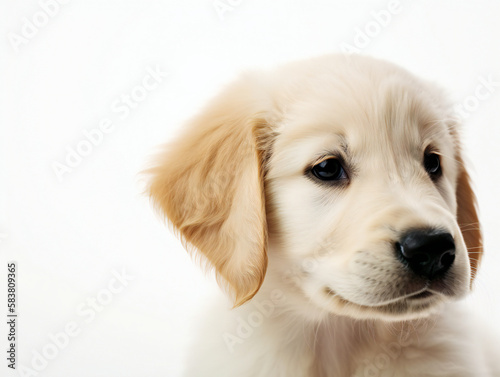 cute golden retriever puppy sitting, purebred, white background with copy space, generative AI