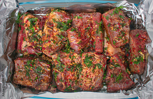 Beef meat marinated with dill, lamb meat in marinade