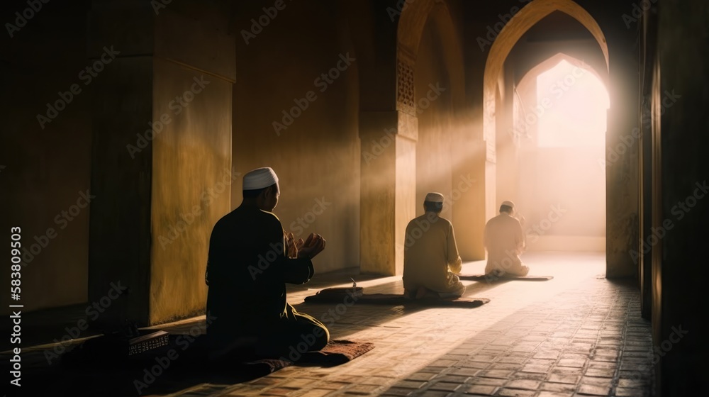 Religious Muslim men are praying in the mosque Generative AI Religious Muslim men are praying in the mosque Generative AI