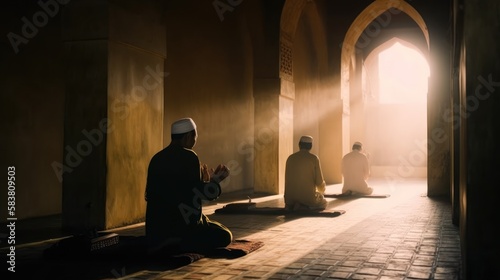 Religious Muslim men are praying in the mosque Generative AI