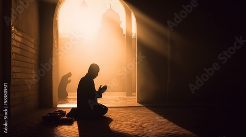 Religious Muslim men are praying in the mosque Generative AI © Catrat
