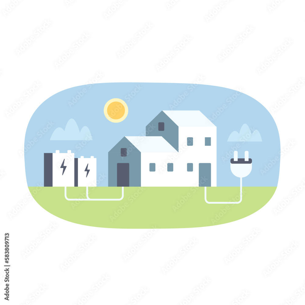 Autonomous charging station. Eco friendly home charging point on green nature under clear blue sky. Color vector graphic, flat art, cartoon illustration Autonomous charging station. Eco friendly home charging point on green nature under clear blue sky. Color vector graphic, flat art, cartoon illustration