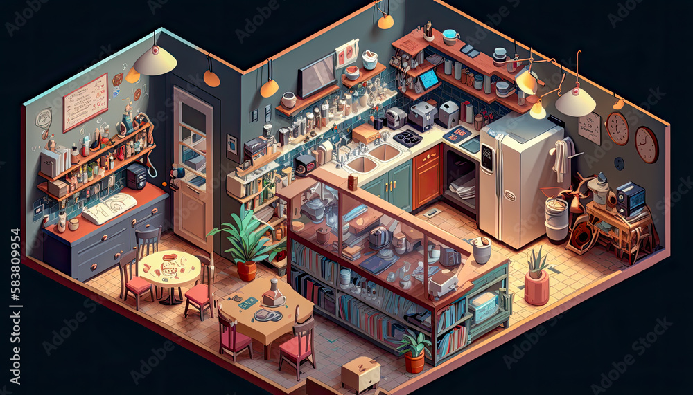 A busy coffee shop in the city, isometric vew - Generative AI