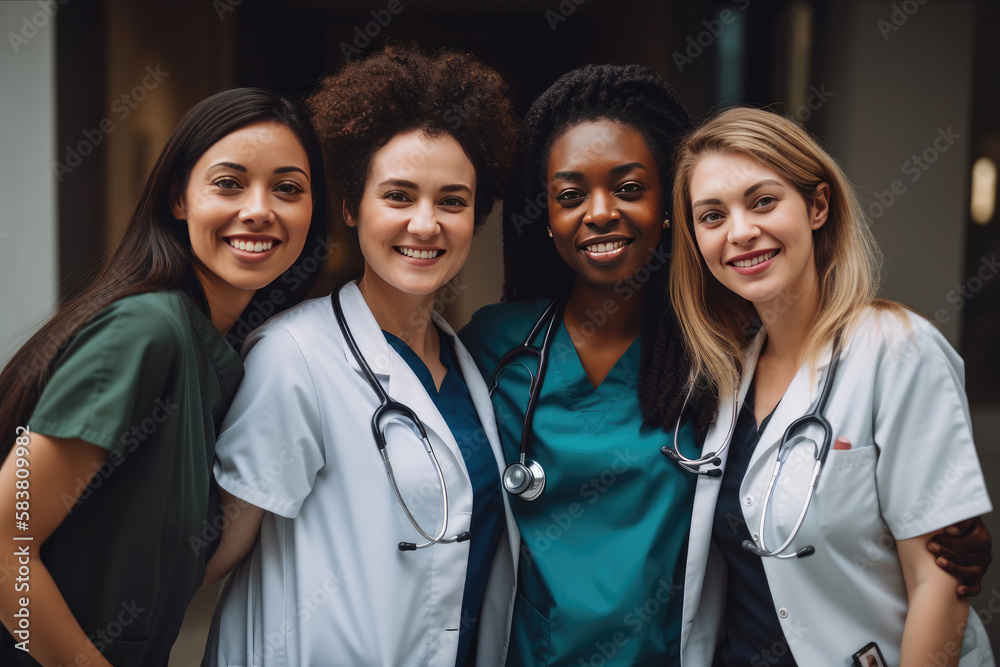 Portrait of happy multiracial female doctors and nurses looking at camera. Generative AI Portrait of happy multiracial female doctors and nurses looking at camera. Generative AI