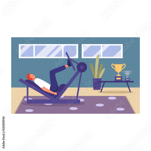 Cartoon character of young strong man doing sports exercises. Time for workout with sportive equipment at home. Maintaining healthy body. Training and keeping fit. Vector